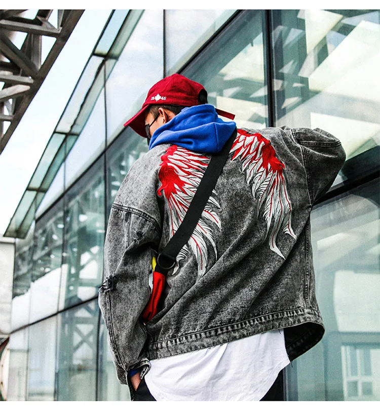 Марка New Fashion Hi Street Для Мужчин's рваные Джинсовые куртки крылья Джинсы с вышивкой куртки пальто на весну-осень для мужчин