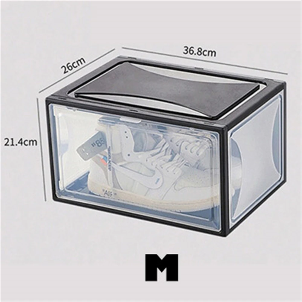 Штабелируемый толстый прозрачный Обувной Ящик складывающийся флип сборочный ящик для хранения обуви пыленепроницаемый водонепроницаемый пластиковый шкаф для обуви - Цвет: Side open M Black