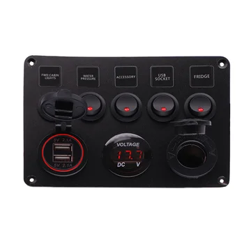 

5 Gang Marine Switch Panel 12V 4.2A Digital Voltmeter Dual USB Charging Ports Toggle Switch Control For Boat Camper Marine RV