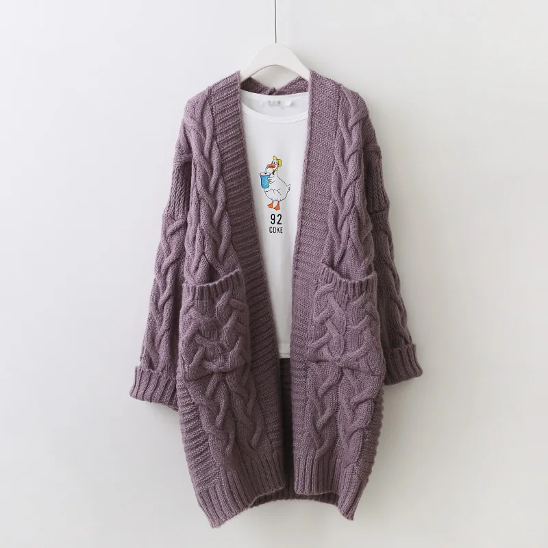 purple Свитер, кардиган, куртка женская, осень, новинка, Корея, длинный, плюс, толстая отделка, пеньковый карман, толстый, игла, волосы, карманы, кардиган, Largo - Цвет: purple
