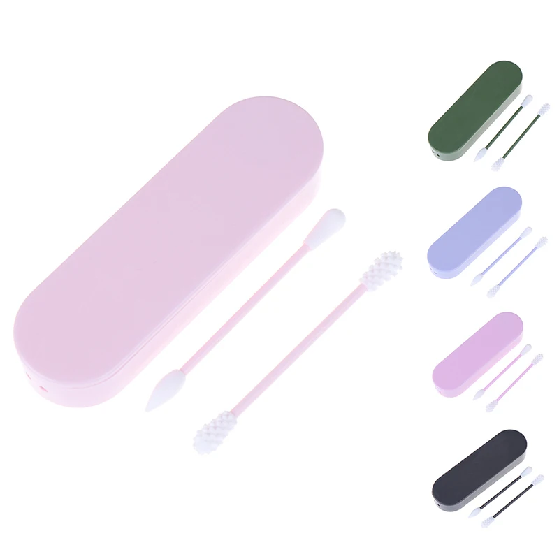 2Pcs Reusable Cosmetic Cotton Swab Double Head Ended Clean Cotton Swabs Ear Clean Set Includes Storage Silicone Cotton Box