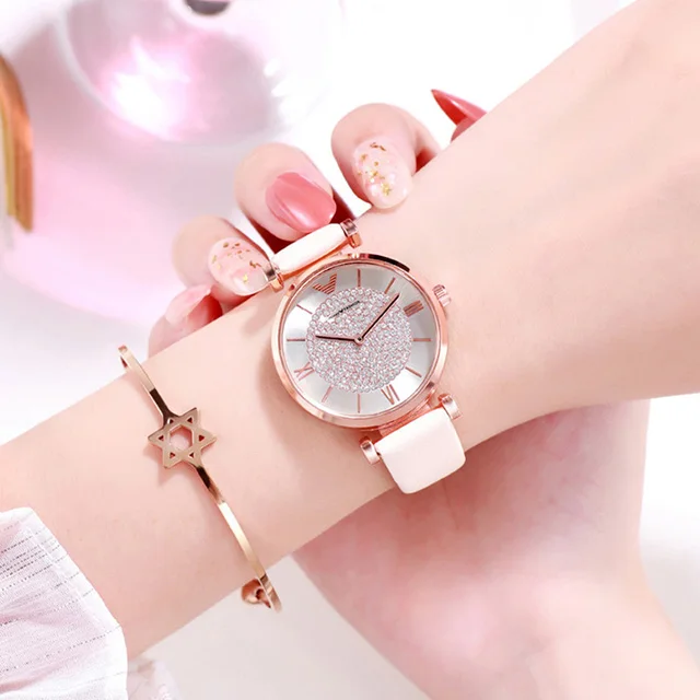 leather white Роскошные женские часы с бриллиантами, розовое золото, магнитные женские наручные часы для женщин, часы-браслет, женские часы, Relogio Feminino - Цвет: leather white