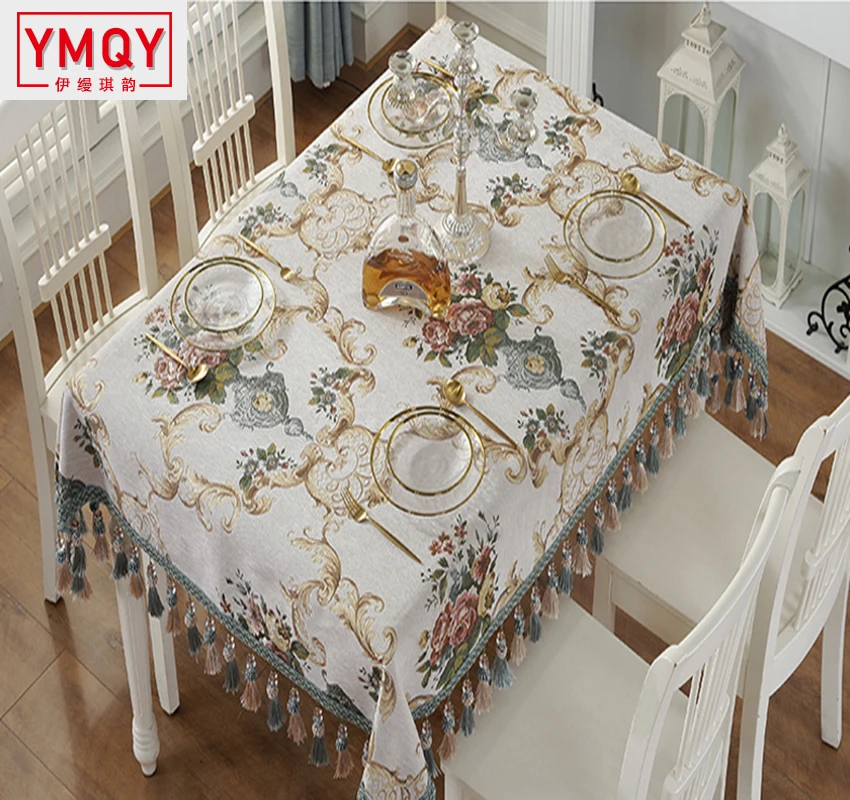 YMQY Europe Floral Table Cloth Tassel Table Runner Table Mat Modern Thickened Tablecloths Rectangular Jacquard Table Cover H