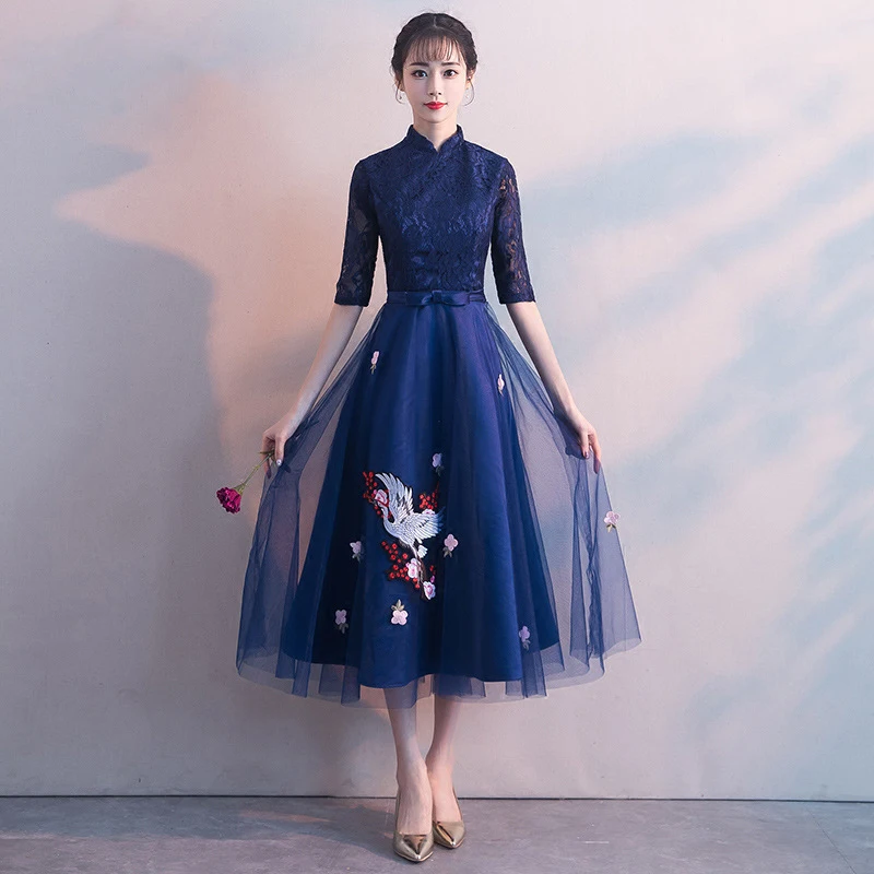 Темно-синие вечерние платья для женщин, кружевное платье Cheongsam в китайском стиле, свадебное платье Qipao, элегантные длинные платья, роскошное платье Vestido XS-XXL