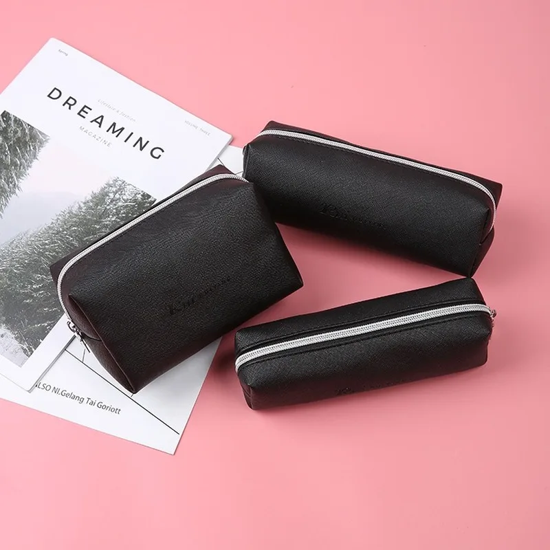 

Simple Zipper Black Leather Pencil Case High Capacity Business Pencilcase Student Stationery Storage Bag School Office Supplies