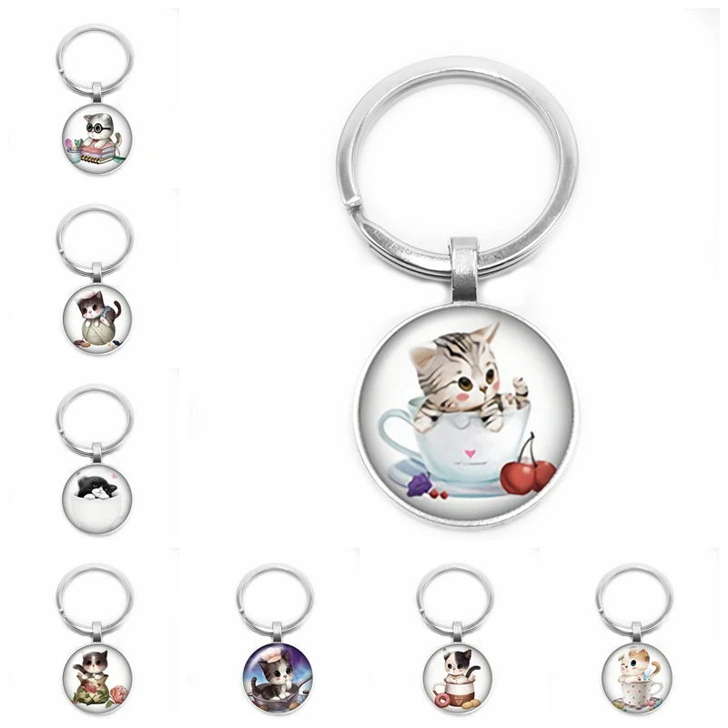 2019 New Fashion Cute Cat Cartoon Multi Style Pattern Keychain Glass Convex Handcraft Art Ornament | Украшения и аксессуары