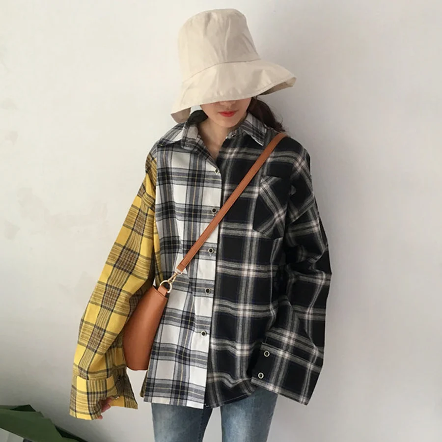 BTS Plaid Shirt Women Cotton Patchwork 