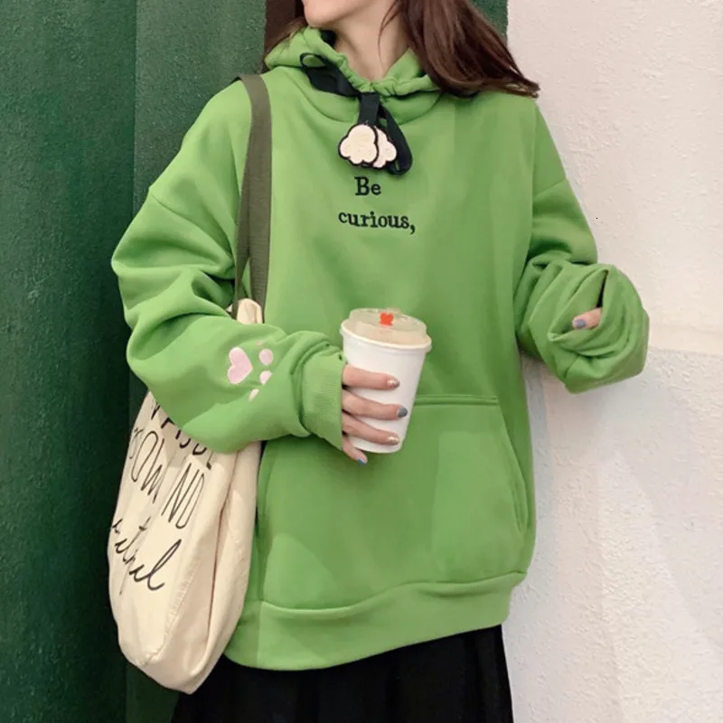 Осень-зима, флисовая верхняя одежда для женщин, Harajuku, кошка, любовь, лапа, вышивка, толстовка, Kawaii, уличная одежда, плюс бархат, утолщенная Толстовка