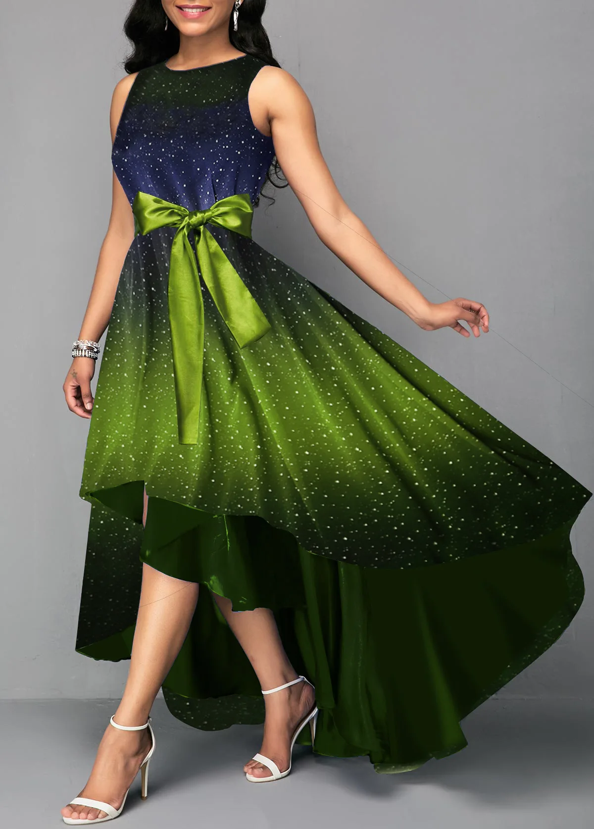 Backlake обувь с блестящими звездами; комплект из подходящих с рисунком неба и градиент Цвет, без рукавов, одежда с бантом и поясом, ассиметричное длинное вечернее платье Galajurken Dames - Цвет: green