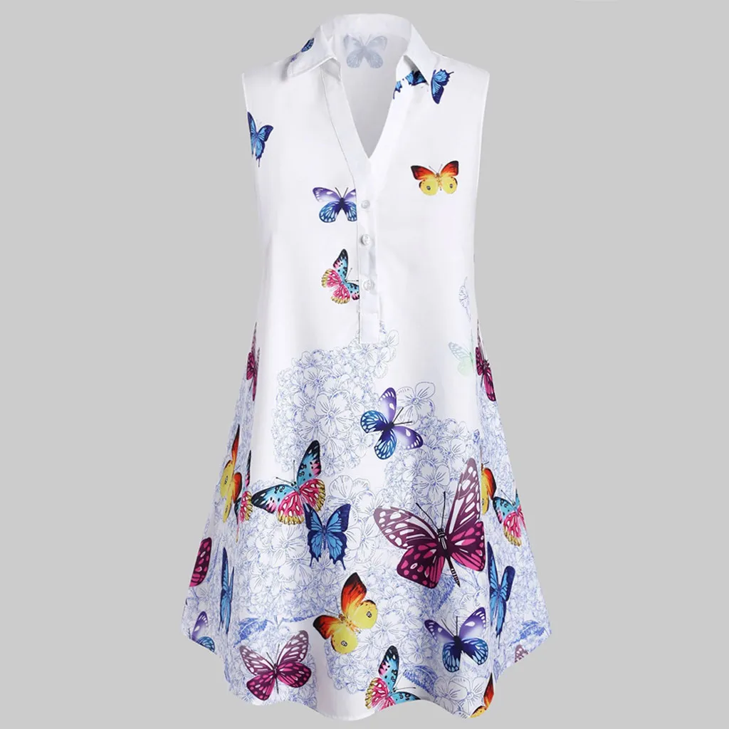 Vestidos estampados de mariposa para mujer, vestido de talla grande sin mangas con botones, cuello vuelto, Jurken Zomer 2021, n. ° 4