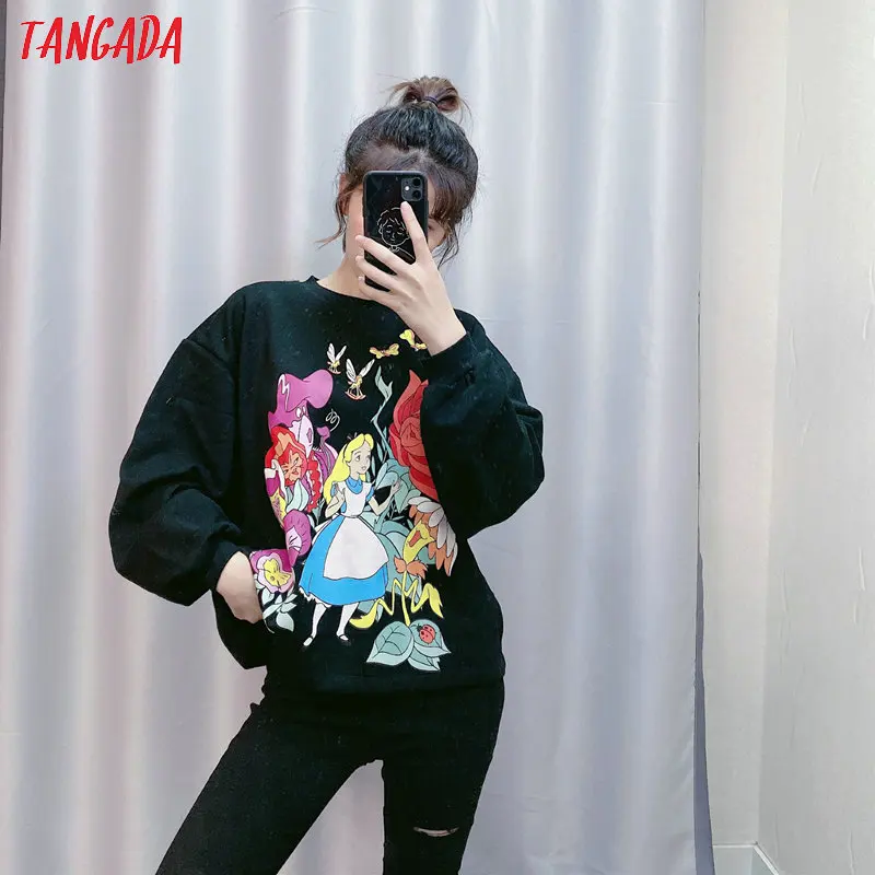 Tangada, женские забавные черные кофты с рисунком, с длинным рукавом, с круглым вырезом, свободные пуловеры оверсайз, женские топы CE130