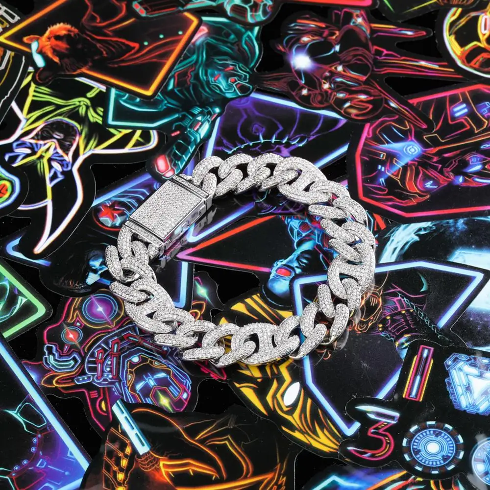 GUCY 7-9 Inch Lock Clasp 14mm Heavy Iced Out Cuban Bracelet Chains Cubic Zircon Link Hip Hop Rock Jewelry For Men Women