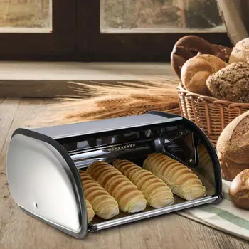 

Stainless Steel Roll Top Bread Box Storage Bin Keeper Food Storage Container Kitchen Pastry Bread Baking Holder Kitchen Supplies