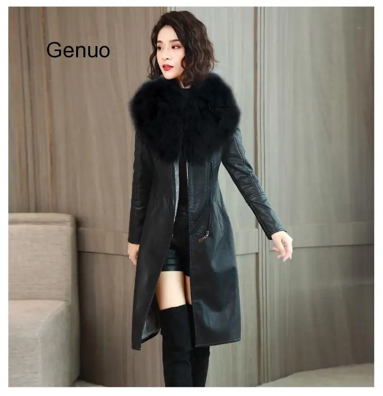 Women's Leather Jacket For Winter 2019 New Plus Velvet Warm Slim Big Fur Collar Long Leather Coat Female Outerwear M-4XL