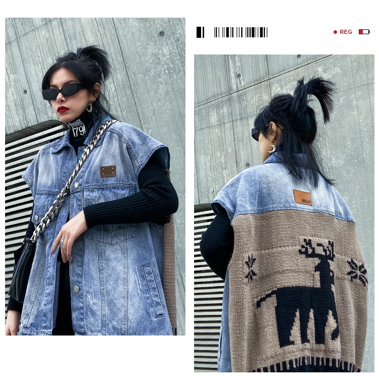 QING MO Blue Women Denim Vest Spring Women Knitted Patchwork Vest With Sahes Female Single Breasted Loose Vest ZQY2689