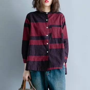 

Large Size Women's Cotton Linen Blouse Casual Color Patchwork Autumn Casual Print Shirt Tops Blusas Mujer De Moda TA9360