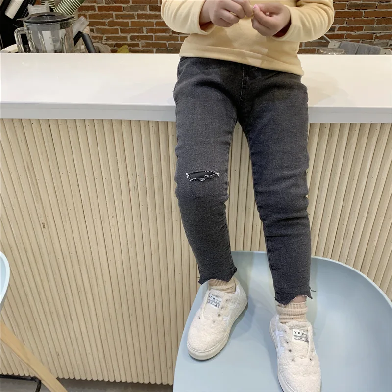 Черный New Stylish Girls Boys Denim Thicken Pants Cotton Autumn Winter Kids Girls Jean Pants 2-7 years - Цвет: Черный