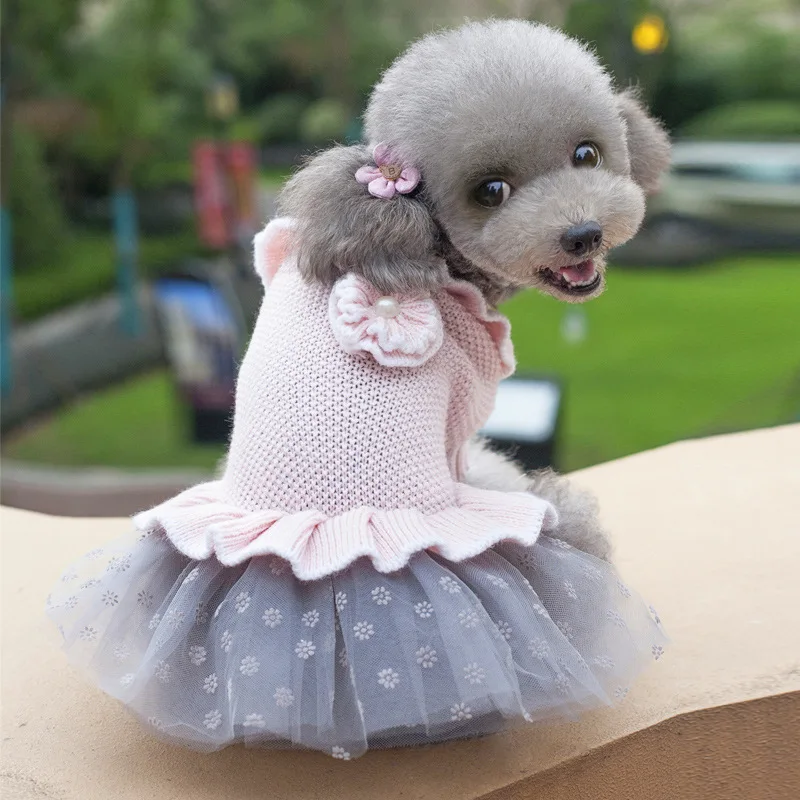 Dog Pet Cats Dresses Dog Lady Bow-knot Dress Small Dog Winter Thickening Woolen Clothes Princess Skirt For Small Dogs Chihuahua