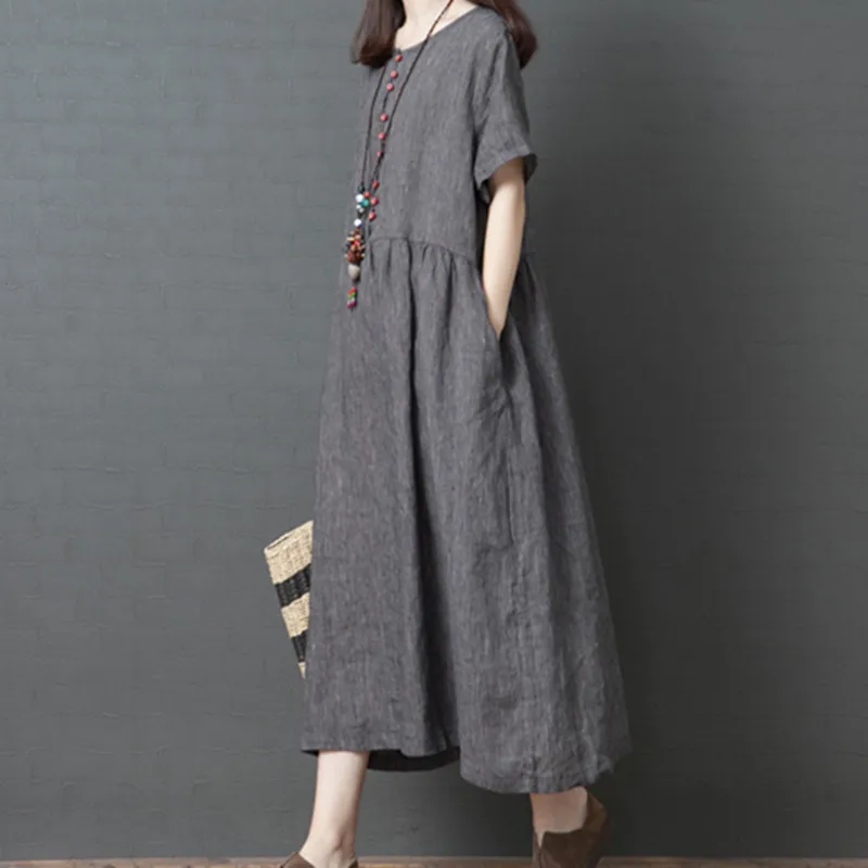 

2024 New Arrival Short Sleeve Loose Summer Dress Button striped Cotton Linen Blend Vintage Dress Women Holiday Casual Midi Dress