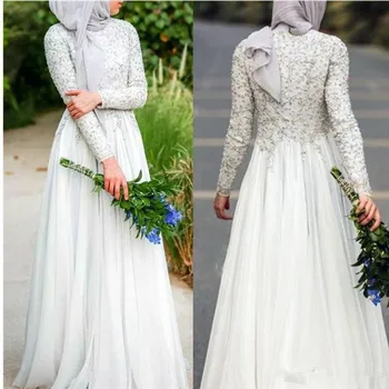 

Long Sleeves Muslim Evening Dresses A-line High Collar Chiffon Beaded Islamic Dubai Saudi Arabia Long Evening Gown Prom Dress