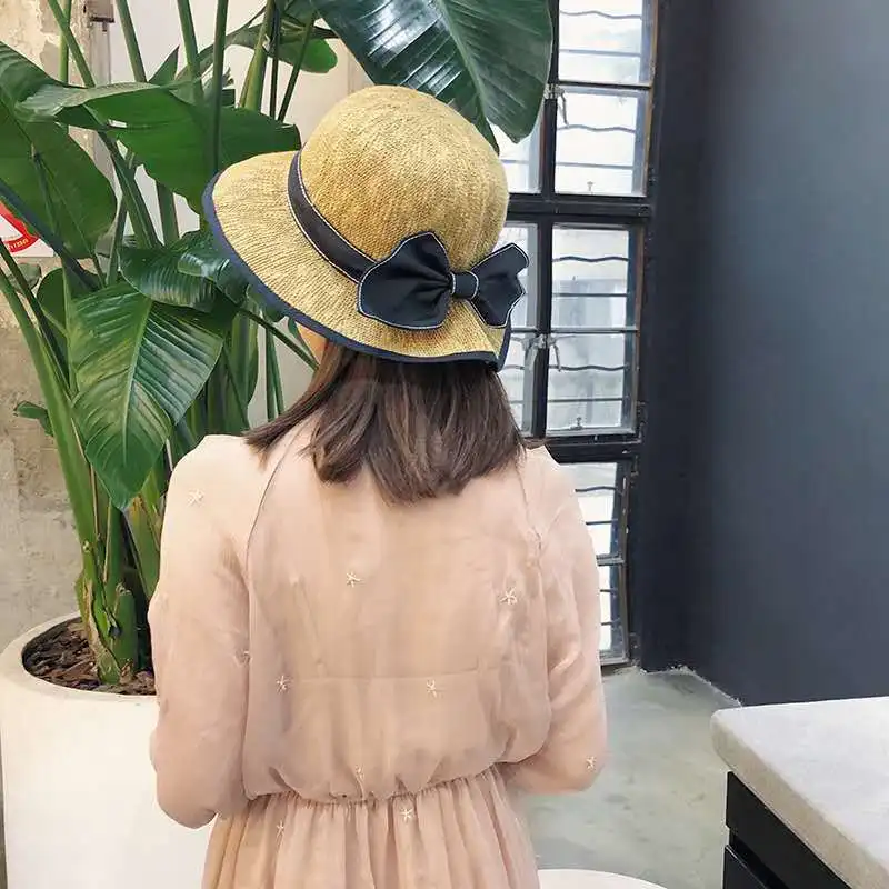 

Straw Hat Children Summer Bowler Hat Versatile Bow Bucket Hat Outing Holiday Beach Hat Foldable Bucket Hat Sun-resistant