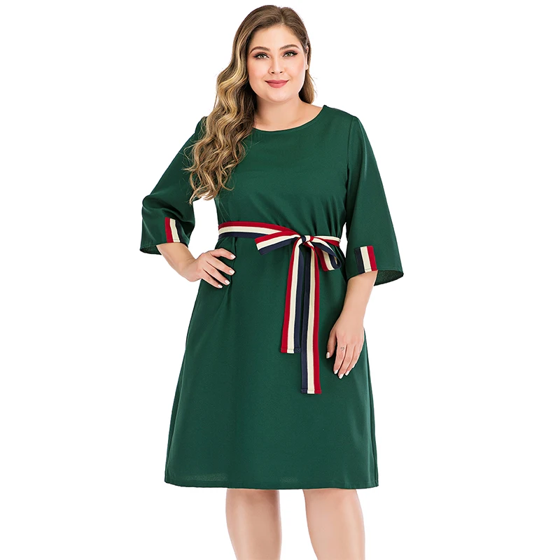 Siskakia Women's Plus Size Dresses Green Chiffon O Neck 3/4 Sleeve Knee Length Dress Fall Fashion Hit Color Patchwork Slim Sash