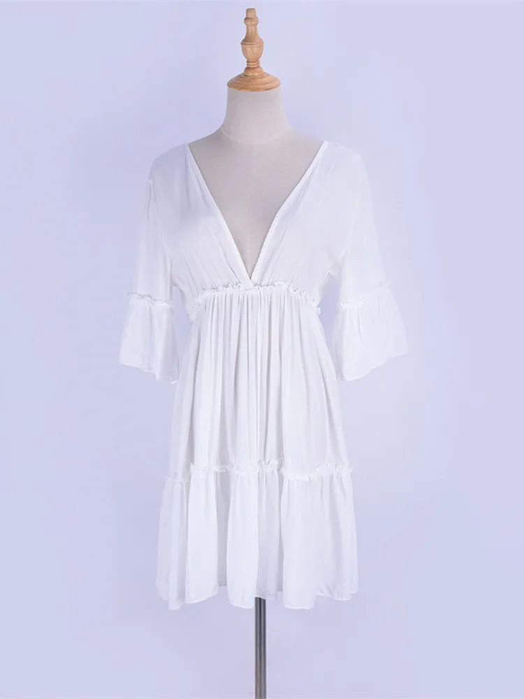 bathing suit skirt cover up Loose White Beach Dress Women Bikini Cover Up Flare Sleeve Bohemian Bathing Suit Sundress Ruffle Deep V Backless Neck Hem Dress mesh bathing suit cover up