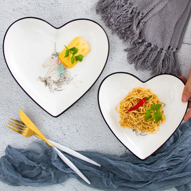 

Northern Europe Tableware Heart Shape Tableware Ceramic Dinner Plate Dish Porcelain Unicorn Dessert Plate Dinnerware Cake Plate