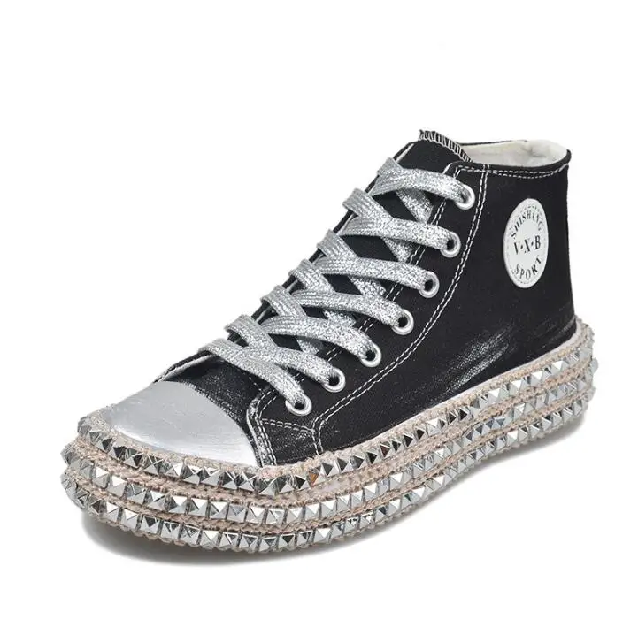high top black Леопардовые кроссовки с заклепками; женская обувь на платформе с высоким берцем в стиле ретро; Лидер продаж; Осенняя парусиновая обувь; женская обувь - Цвет: high top black