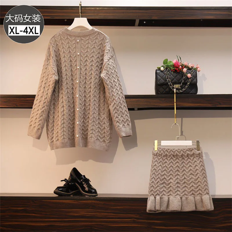 

Large Size Dress Fat Mm Autumn And Winter Western Style Knitted Linen Flower Color Sweater Skirt Short Skirt Set Skirt Red Two-P