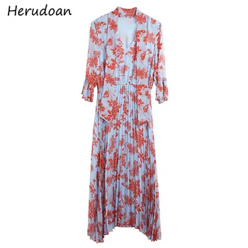 

Herudoan Fashion Runway Summer Midi Dress Women Flare Sleeve Bow Floral Print Slim Big Swing Ladies Holiday Casual Pleated Dress