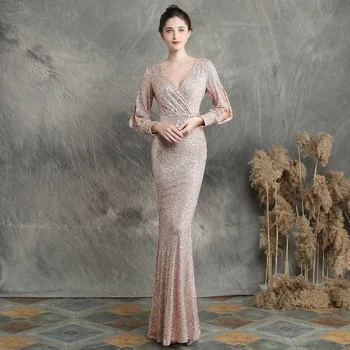 

BGW Sequined Mermaid Evening Dresses Long Sleeves 8 Colors Sexy V Neck Pleat Vestido De Noite Mulher