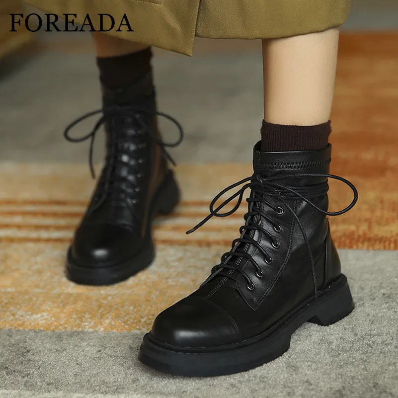 

FOREADA Motorcycle Boots Woman Real Leather Ankle Boots Lace Up Med Heel Short Boots Thick Heel Female Shoes Autumn Winter Black