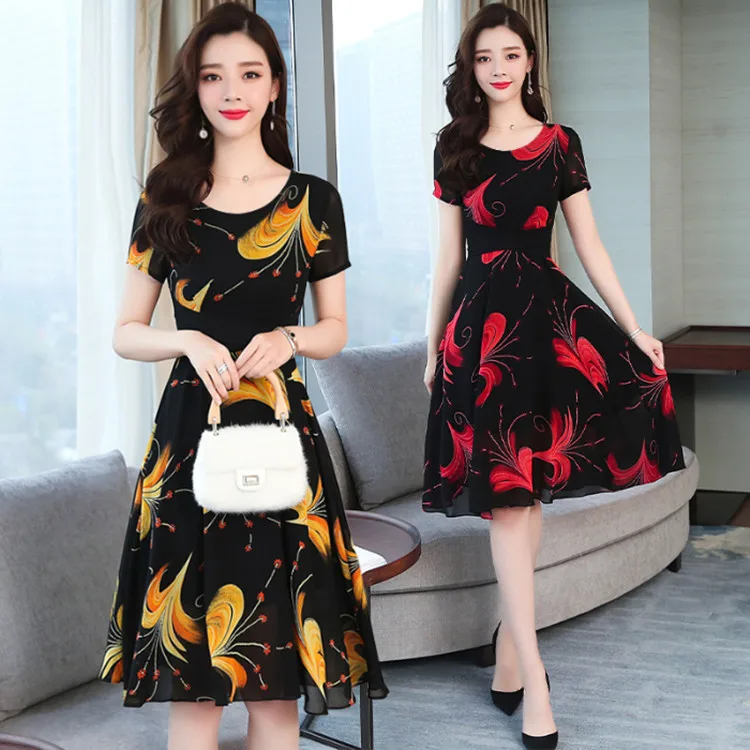

Hot Selling Summer Korean-style WOMEN'S Short Sleeve Shirt Dress Mid-length Slim Fit Fashion Printed A- line Skirt Fashion