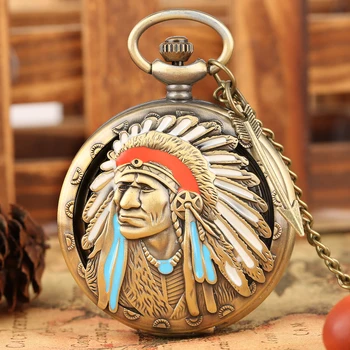 

Vintage Ancient Indian Quartz Pocket Watch Men Clock Old Man Pendant Watches Alloy Slim Chain Necklace reloj de bolsillo hombre