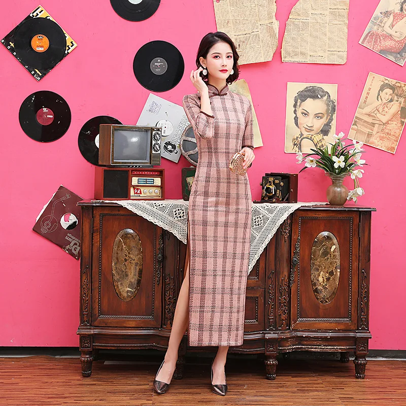 New Arrival Long Suede Vintage Ladies Chinese Style Dress Classic Qipao Stage Show Elegant Female Handmade Button Cheongsam
