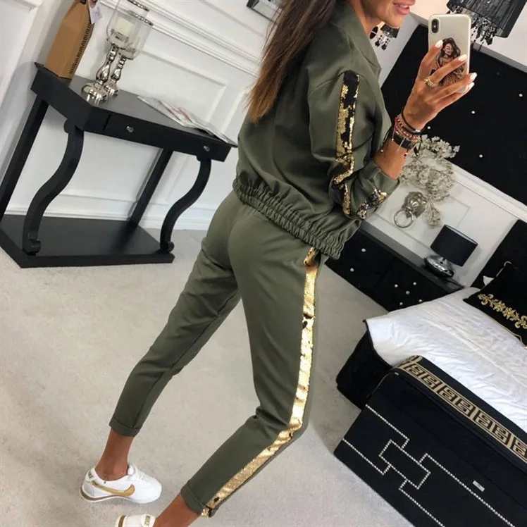 Antique Style Womens Winter Warm Sequins 2 Pieces Outfit Sweatshirt Long Pants Sportsuits