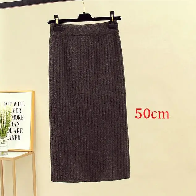 Dark gray 50cm Женская юбка-карандаш с высокой талией, Осень-зима, элегантная облегающая трикотажная юбка, черная однотонная женская офисная длинная юбка, jupe femme - Цвет: Dark gray 50cm