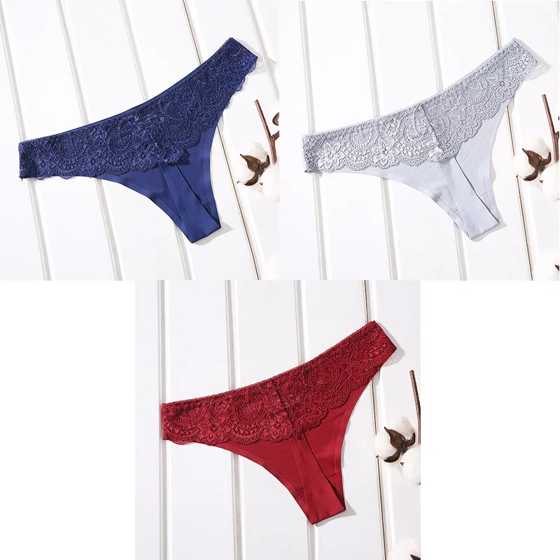 blue grey red Женское нижнее белье, сексуальные кружевные стринги, бесшовные трусики, женские стринги с t-образной спинкой, бесшовные стринги для женщин, нижнее белье, 3 предмета, Aofeiqike - Цвет: blue grey red