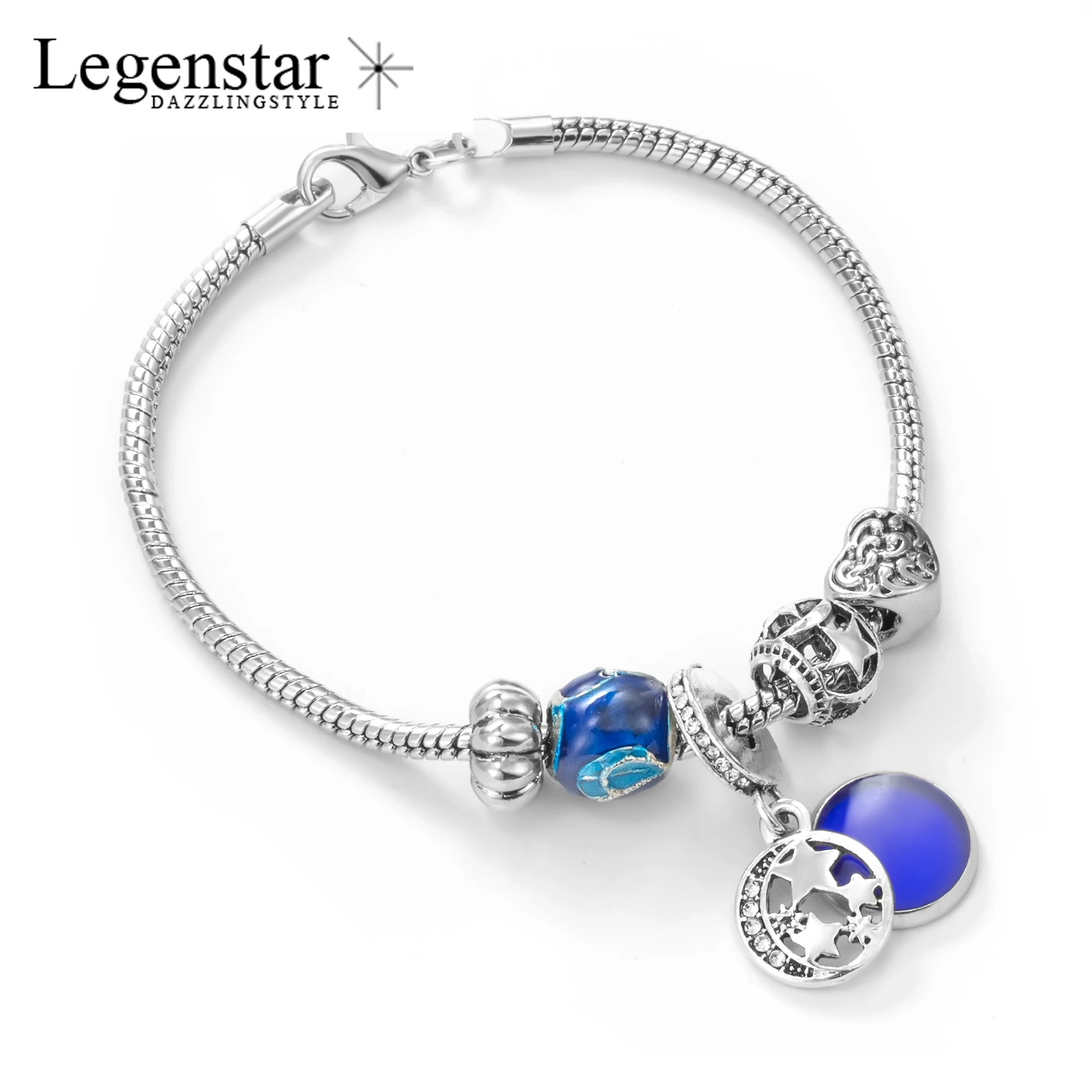 Legenstar модный серебряный цвет Амулеты Браслет с подвесками для женщин DIY Кристалл синий бисер подходят оригинальные браслеты женские ювелирные изделия