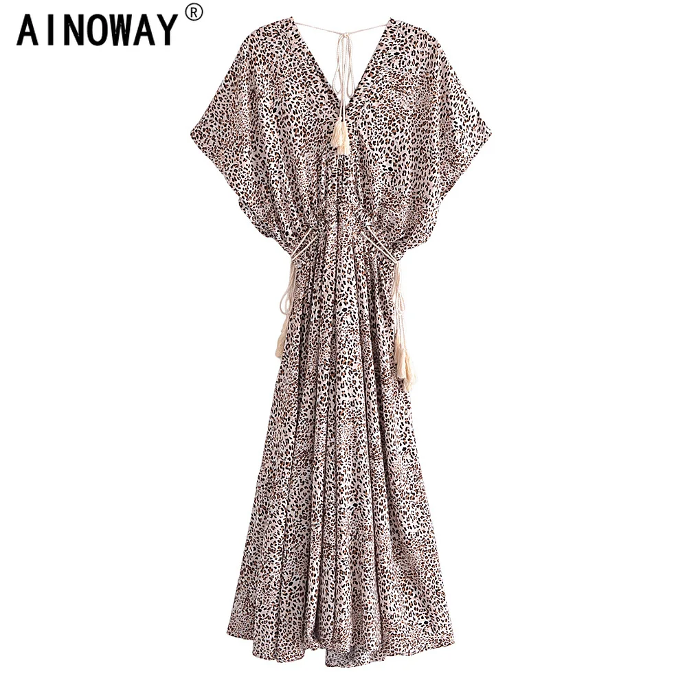 Женское пляжное платье-макси с леопардовым принтом и V-образным вырезом | Женская