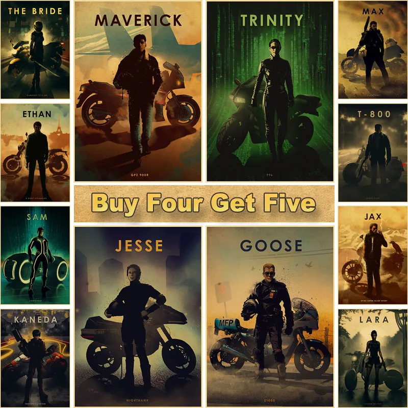 

Modern Home Decor Vintage Movie TV Posters Protagonist and Motorcycle Poster Sticker Bar Living Room Decorative Art Painting