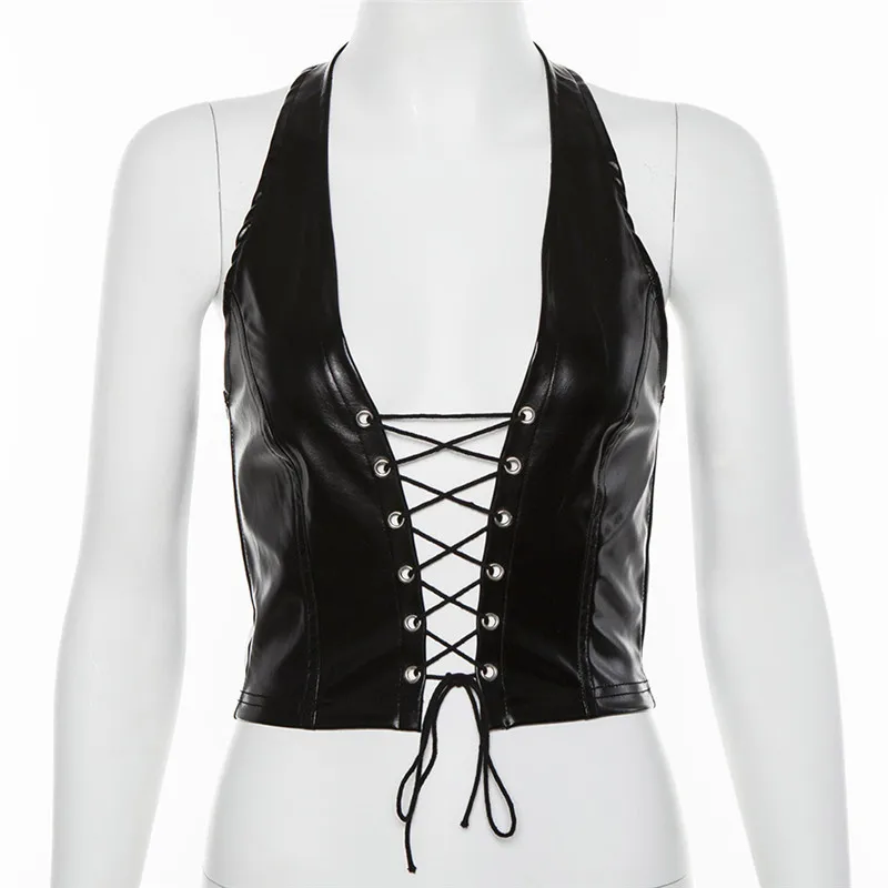 Черный сексуальный укороченный топ из искусственной кожи с лямкой на шее, праздничная Открытая Майка с открытой спиной, женская летняя уличная одежда, женские футболки, топы