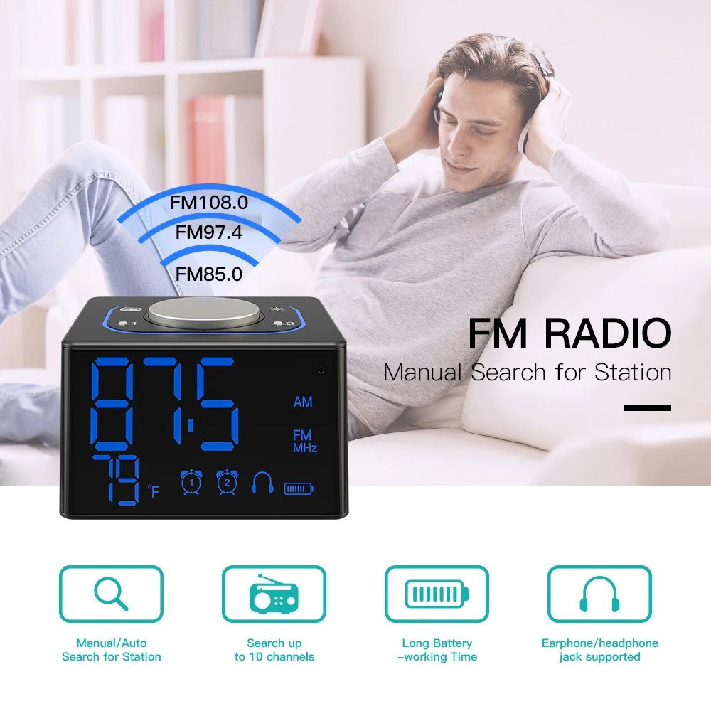 

FM Radio Table Clock Digital Alarm Clock Thermometer LED Digital Clock 2 USB Charging Port Mini Snooze Table Home Decoration