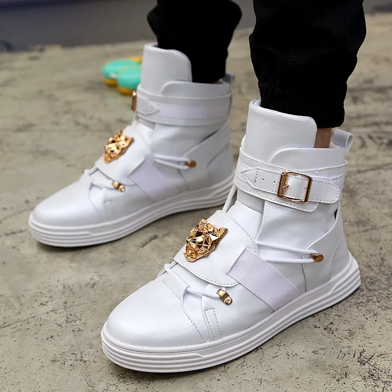 Rivet metal Hip Hop boots Men White Solid Dance Platform Flats Fashion buckle High Top Zapatillas Hombre jkm90 - Цвет: Белый