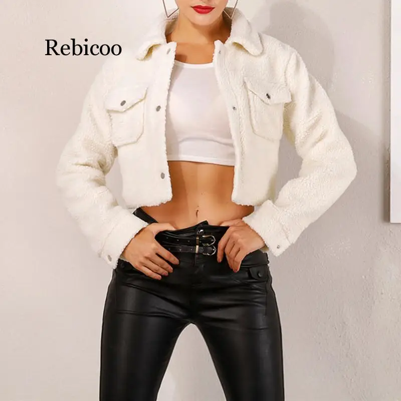 

Rebicoo Autumn Long Sleeve Button Crop Top Female Casual Pocket Overcoat Faux Lambswool Lapel Women Basic Coat