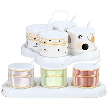 

Kitchen Seasoning Box Ceramic Seasoning Pot Three-piece Seasoning Pot Seasoning Box with Lid Salt Shaker Seasoning Bottle Set