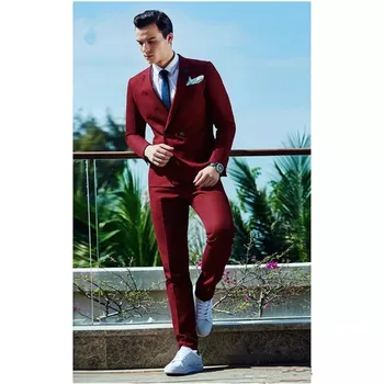 

2020 Fashion Burgundy Double Breasted Men's Suits Classic Terno Slim Fit 2 Piece Wedding Groom Tuxedos Prom Blazer Jackets+Pants