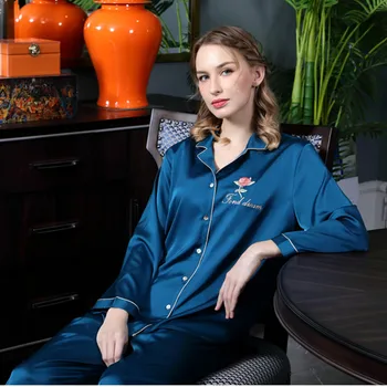 

New Woman Real Silk Sleepwear 100% Mulberry Silk Long Sleeve Pant Autumn Pajama Set M L XL FREE SHIPPING