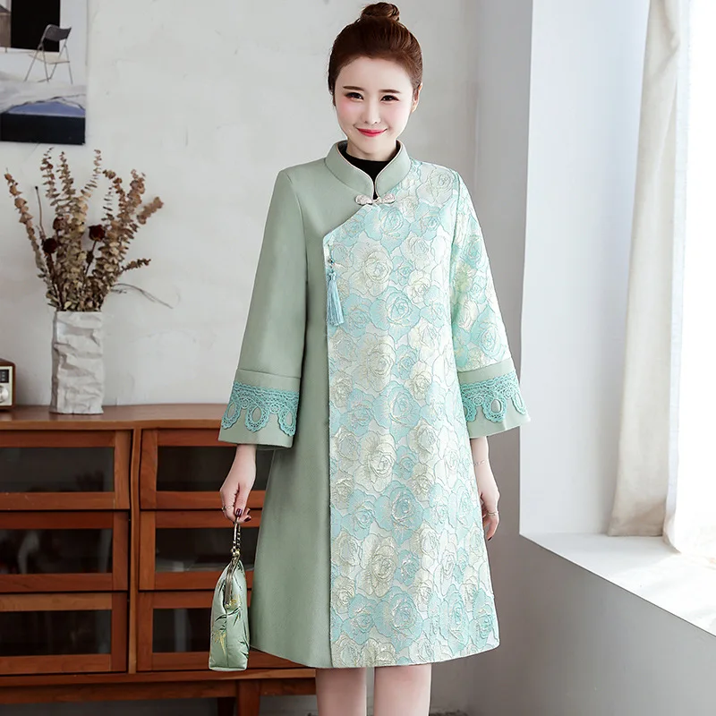 

2019 Winter New Style Chinese-style Large Size Dress Jacquard Texture Improved Cheongsam plus Thick Cotton Woolen WOMEN'S Coat
